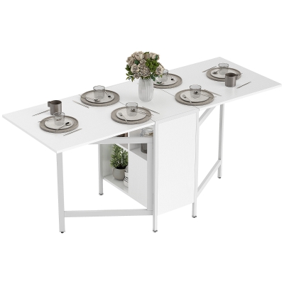 HOMCOM Multi-use Foldable Table with Hideaway Shelves, Drop Leaf Table for Kitchen, Dining, Study and Office, White