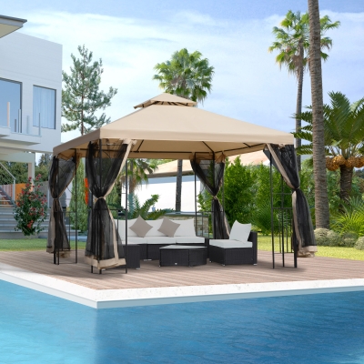 Outsunny 10x10ft Patio Gazebo, Outdoor Double Top Pavilion Canopy, Garden Event Party Tent Shelter, Yard Sun Shade Steel Frame w/ Mosquito Netting and Storage Tray