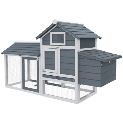 PawHut 60" Large Chicken Coop Wooden Hen House for Outdoor Backyard with 2 Doors, Nesting Box and Removable Tray, White