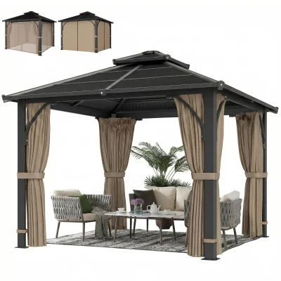 Outsunny 10' x 10' Hardtop Gazebo with 7mm Polycarbonate Double-Tier Roof, Outdoor Gazebo with Netting and Curtains, Khaki