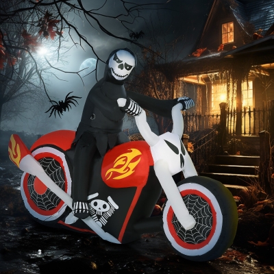 HOMCOM 6' Long Halloween Grim Reaper Flaming Motorcycle Outdoor LED Lighted Airblown Inflatable Decoration Holiday Seaon Garden Lawn Decor