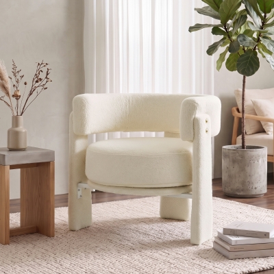 HOMCOM Upholstered Armchair, Sherpa Accent Chair with Lumbar Pillow, Padded Armrests and Thick Cushion, Cream White