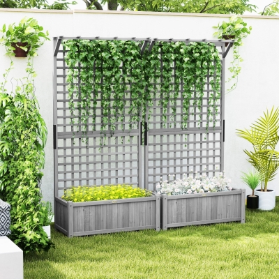 Outsunny Wood Planter with Trellis for Vine Climbing, Raised Garden Bed, Privacy Screen for Backyard, Patio, Deck, Dark Grey