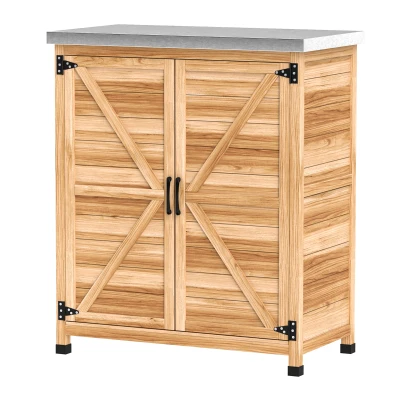 Outsunny Garden Storage Cabinet, Outdoor Potting Bench Table with Metal Tabletop, Shelf and Double Doors, Natural