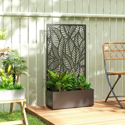 Outsunny Metal Planter Box with Trellis, 44.5" Raised Garden Bed with Trellis Privacy Screen for Climbing Plants, Leaves Cut-Out