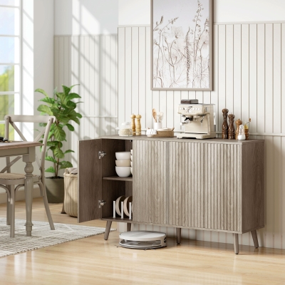 HOMCOM Buffet Cabinet with Storage, Modern Fluted Sideboard with Adjustable Shelves for Dining Room Living Room, Light Grey