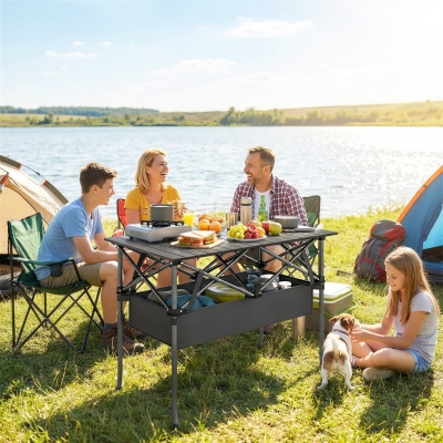 Outsunny 3ft Folding Camping Table, Picnic Table with Mesh Storage Net, Carrying Bag and Metal Frame, Black