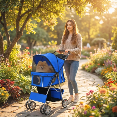 PawHut Pet Stroller with Reflective Strips, Foldable Cat Stroller with 360° Swivel Wheels for Small Dogs and Cats, Blue