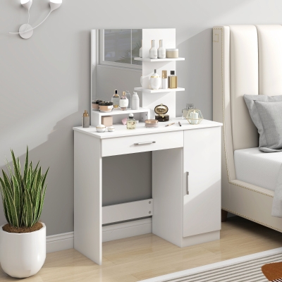 HOMCOM Vanity Desk with Mirror, Makeup Vanity w/ Drawer, Open Compartment and Shelves, Cabinet, Adjustable Shelves for Bedroom