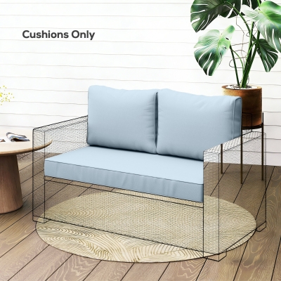 Outsunny 2 Seater Outdoor Seat Cushions with Backrest, Loveseat Double Sofa Outdoor Furniture Cushions, Light Blue