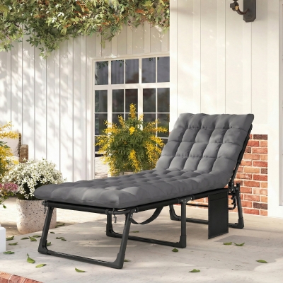 Outsunny 29.5" Wide Folding Chaise Lounge Chair Outdoor Tanning Chair, Camping Cot with Cushion, Side Pocket, Dark Grey