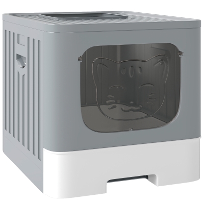 PawHut Cat Litter Box with Lid, Slide-Out Drawer, Scoop, Easy Clean, Odour Control, Anti-Splashing, Grey