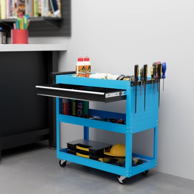 HOMCOM Tool Cart on Wheels, Utility Cart with Wheels, Ball Bearing Drawer, Storage Trays for Garage, Warehouse, Workshop, Blue