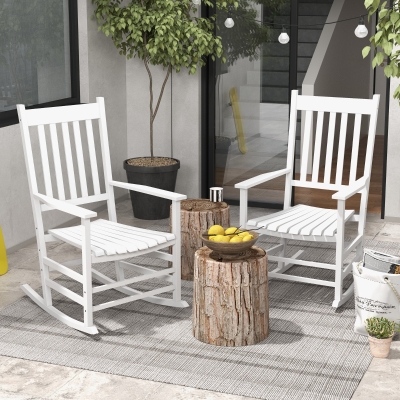 Outsunny Wooden Patio Rocking Chairs Set of 2, Outdoor Rocker Chairs with Wide Armrests, High Back for Garden, Balcony, White