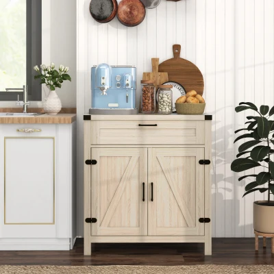 HOMCOM Modern Farmhouse Sideboard with Barn Doors, White Oak