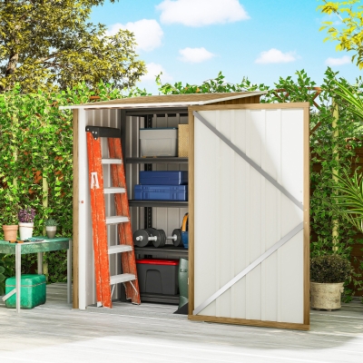 Outsunny 3.3' x 3.4' Lean-to Garden Storage Shed, Outdoor Galvanized Steel Tool House with Lockable Door for Patio Light Brown