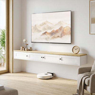 HOMCOM Floating TV Stand for TVs up to 82 Inch, Modern Wall Mounted Media Console with Power Outlets, White