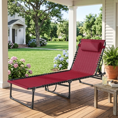 Outsunny Outdoor Folding Lounge Chair, 4-Level Adjustable Chaise Lounge with Headrest, Tanning Chair Beach Bed Reclining Lounger Cot for Camping, Hiking, Backyard, Wine Red