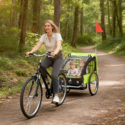 Aosom 2-Seat Child Bike Trailer for Kids with a Strong Steel Frame, 5-Point Safety Harnesses, & Comfortable Seat, Green
