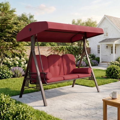 Outsunny Outdoor Patio 3-Person Steel Canopy Cushioned Seat Bench Swing with Included Side Trays & Padded Comfort, Wine Red