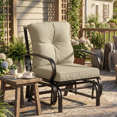 Outsunny Patio Glider, Outdoor Glider Chair with Cushions, Steel Frame, Curved Armrests, Beige
