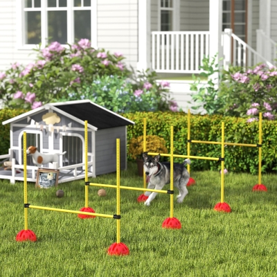 PawHut Dog Agility Training Equipment, 4 PCS Obstacle Course with Height Adjustable Jump Hurdle and Bag, Yellow