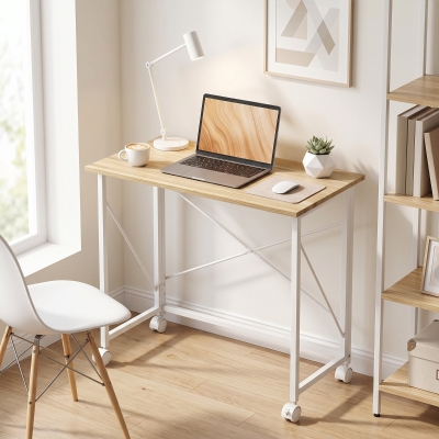 HOMCOM 31.5" Home Office Desk, Folding Desk with Wheels for Small Space, Easy Assemblyfor Home Office, Natural Wood Finish