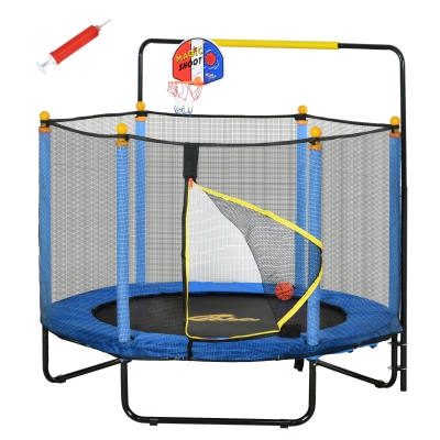 Qaba Kids Indoor Trampoline with Net & Basketball Hoop, Blue