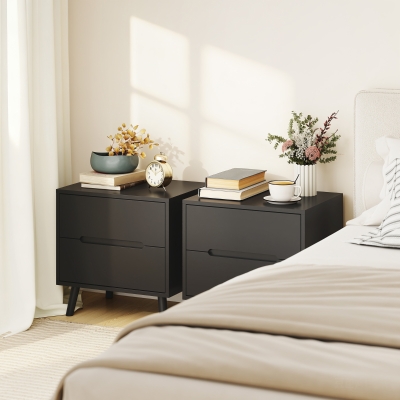 HOMCOM Nightstands Set of 2, Bedside Table with 2 Drawers, Modern Side End Table with Solid  Wood Legs for Bedroom, Black