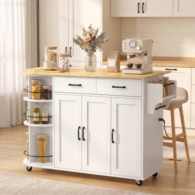 HOMCOM 53" Kitchen Island Cart with Power Outlet & Drop Leaf, White