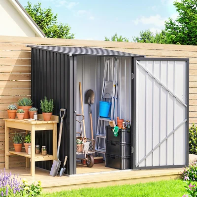 Outsunny 3.3' Lean-to Garden Shed, Lockable Steel Tool House, Gray