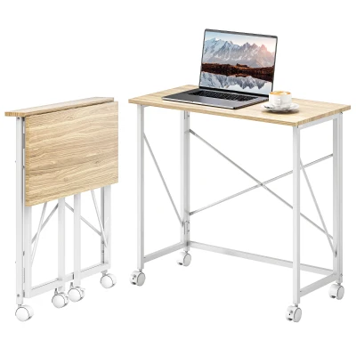 HOMCOM 31.5" Home Office Desk, Folding Desk with Wheels for Small Space, Easy Assemblyfor Home Office, Natural Wood Finish