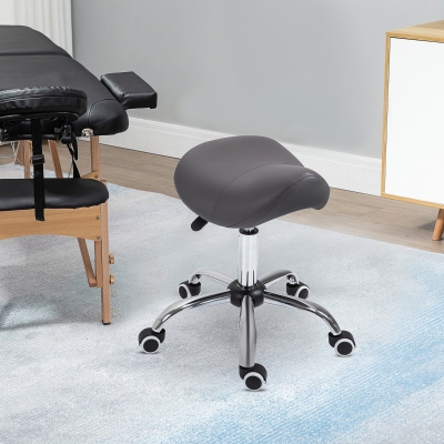 HOMCOM Adjustable Hydraulic Rolling Salon Stool Swivel Saddle Chair Spa Beauty Seat PU Leather, Grey