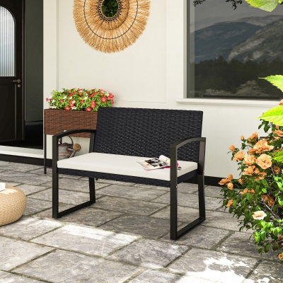 Outsunny 2 Seater Outdoor Bench, Rattan Garden Bench Loveseat with Cushion, Armrests, Steel Frame for Patio, Porch, Beige