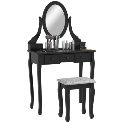 HOMCOM Vanity Desk with Stool, Makeup Vanity with 360° Rotating Oval Mirror, 5 Drawers and Padded Seat, Dressing Table for Bedroom, Black