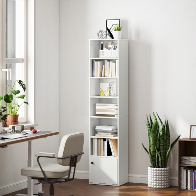 HOMCOM 7-Tier Bookcase, Display Shelf Unit with Adjustable Shelf and Cabinet, White