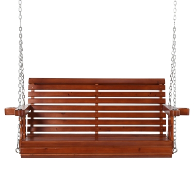 Outsunny 2 Seater Porch Swing Wooden Patio Swing Chair with Cup Holder and Chains Outdoor Swing Bench for Garden Yard, Brown