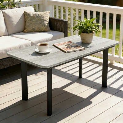 Outsunny Outdoor Garden Coffee Table, Patio Table with Slatted Wood Plastic Composite Top and Steel Frame, Grey