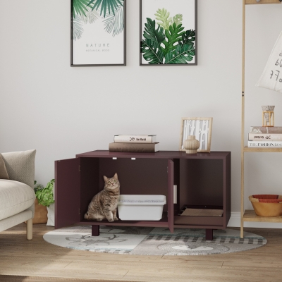 PawHut Cat Litter Box Enclosure, Hidden Litter Box Furniture, Cat House End Table Washroom with Scratching Pad, for Indoor Cats Kittens, 36" x 20.5" x 20", Brown