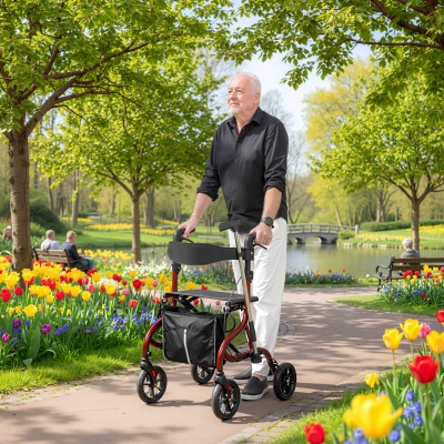 HOMCOM Foldable Rollator Walker with Seat for Seniors, Lightweight Rolling Walker with Adjustable Handles, Red