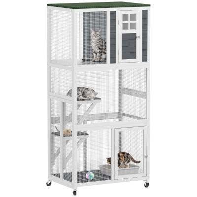 PawHut 74" Weatherproof Wooden Catio, Wheeled Cat Enclosure, Gray