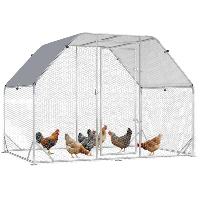 PawHut Chicken Run Outdoor, Galvanized Large Metal Chicken Coop Cage, Walk-in Enclosure Poultry Hen Run House Playpen Rabbit Hutch with Flat Roof, Cover, 9.2'x6.2'x6.5', Silver