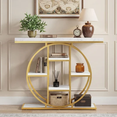 HOMCOM 39.4" Industrial Console Table with Storage, White Marble