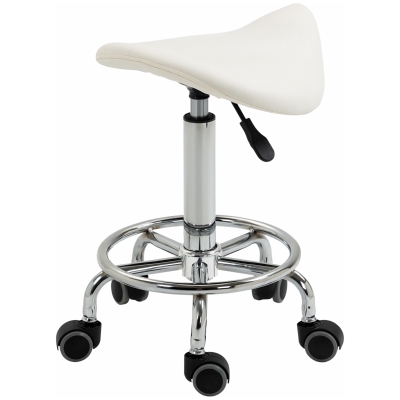 HOMCOM PU Leather Rolling Saddle Stool, Adjustable, White