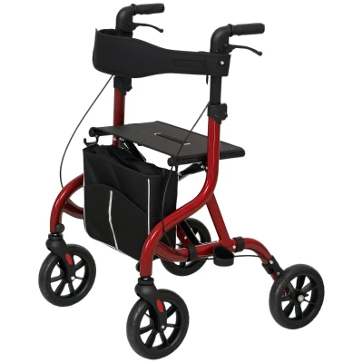 HOMCOM Foldable Rollator Walker with Seat for Seniors, Lightweight Rolling Walker with Adjustable Handles, Red