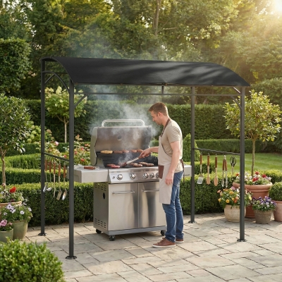 Outsunny 7' x 5' Garden Grill Canopy, BBQ Grill Gazebo Tent with Steel Frame and Hooks, Outdoor Sun Shade, Black