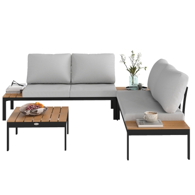 Outsunny 4 Piece L Shaped Garden Furniture Set, 4 Seater Outdoor Corner Garden Set, 2 Loveseats, 2 Coffee Tables, Teak