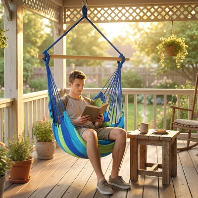Outsunny Hammock Chair Swing Hanging Macrame Chair w/ Two Soft Seat Cushions, Blue and Green