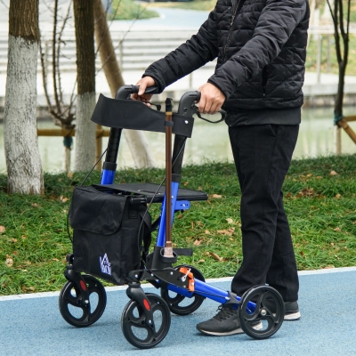 HOMCOM Rollator for Seniors with Seat, Back, Cane Holder, Aluminium Folding Rolling Walker with Adjustable Handle, Bag, Blue