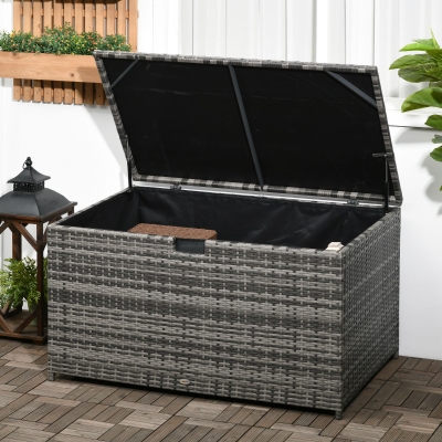 Outsunny 113 Gallon Outdoor Storage Box, Rattan Deck Box for Indoor, Patio Furniture Cushions, Grey